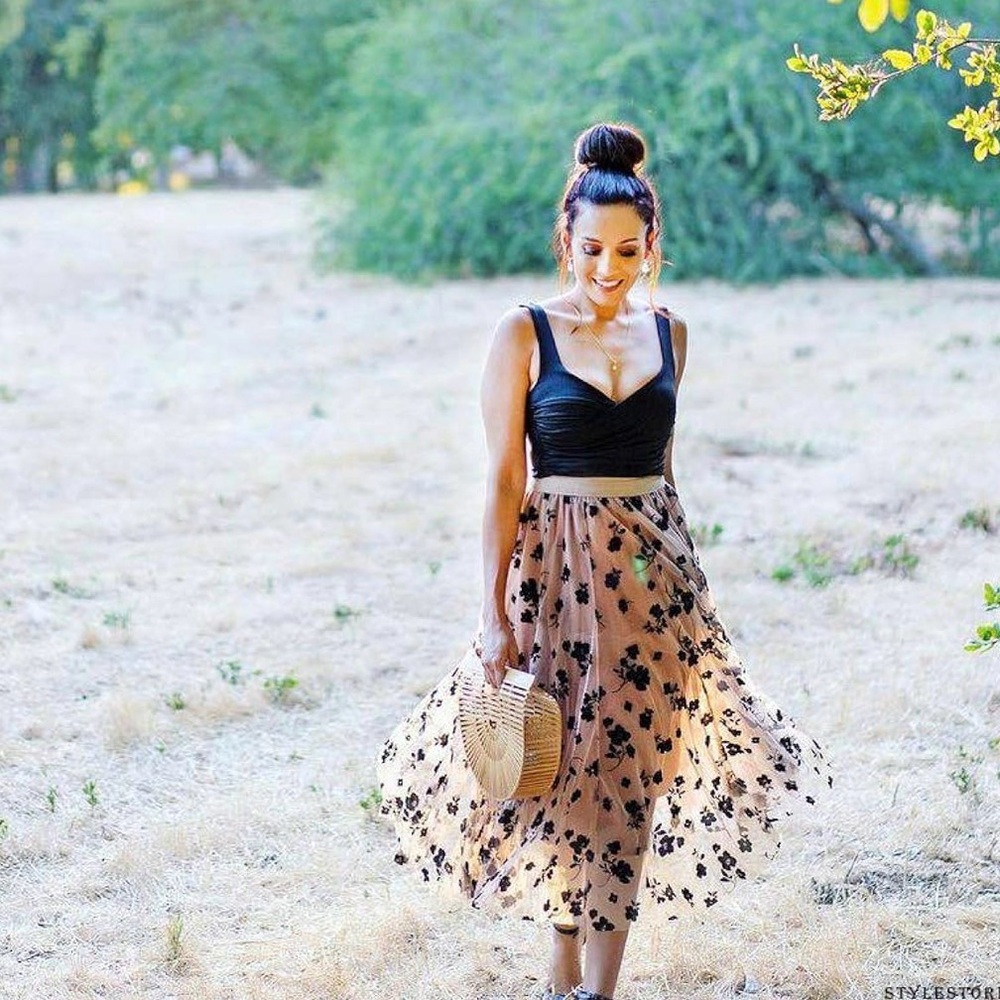 Vici Black and Tan Floral Midi Skirt